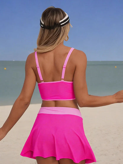 Women's Contrast Trim Drawstring Bikini Set with Skirt