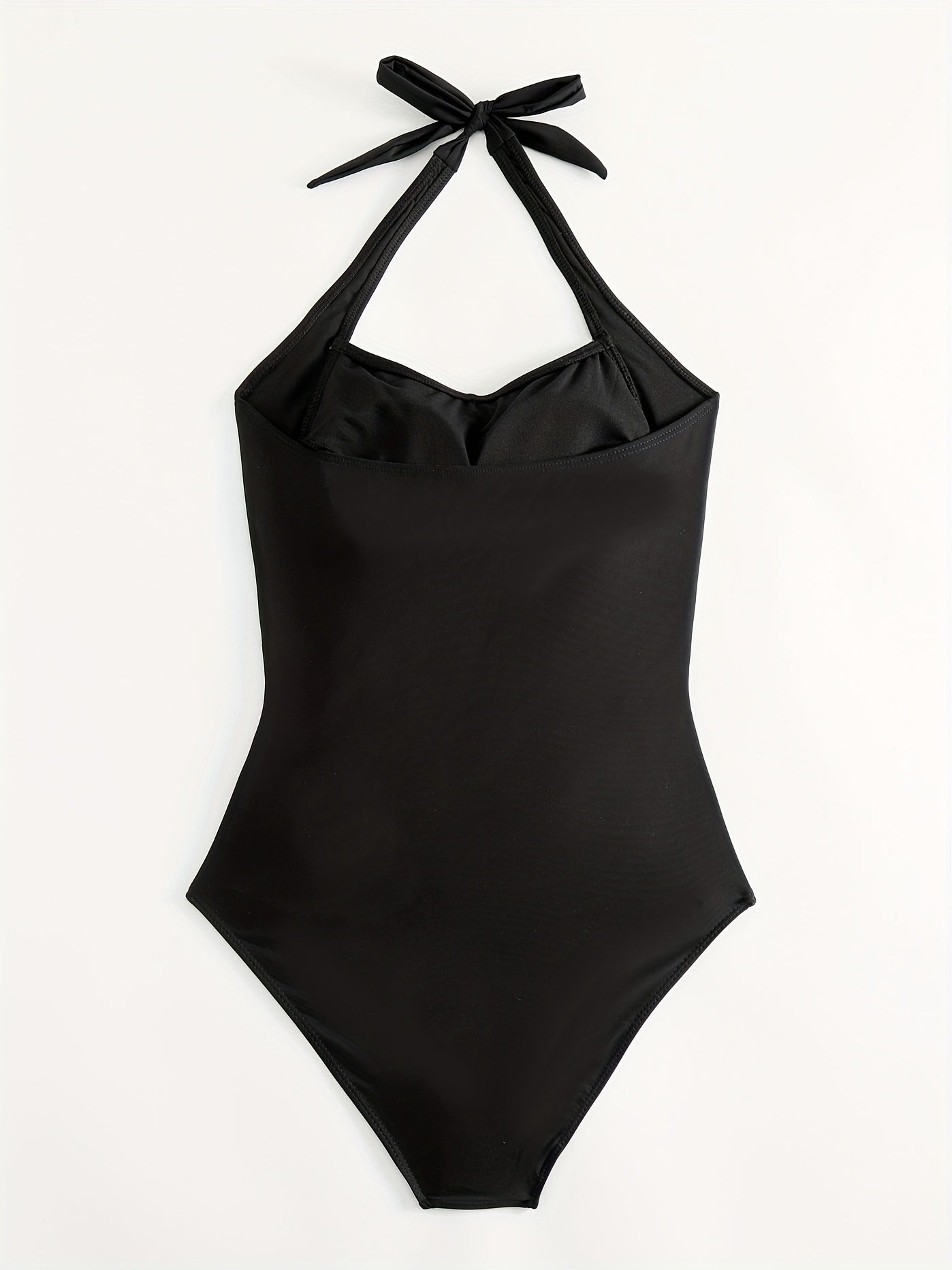 Women's Ruched Halter Backless One Piece Swimsuit, Black Tie Neck