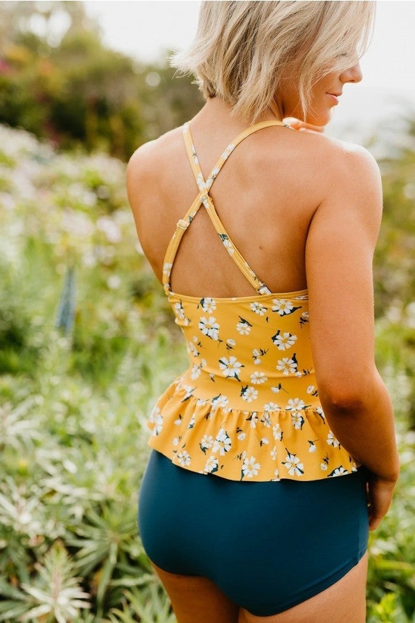 Women's Peplum Tankini Swim In Mustard Daisy