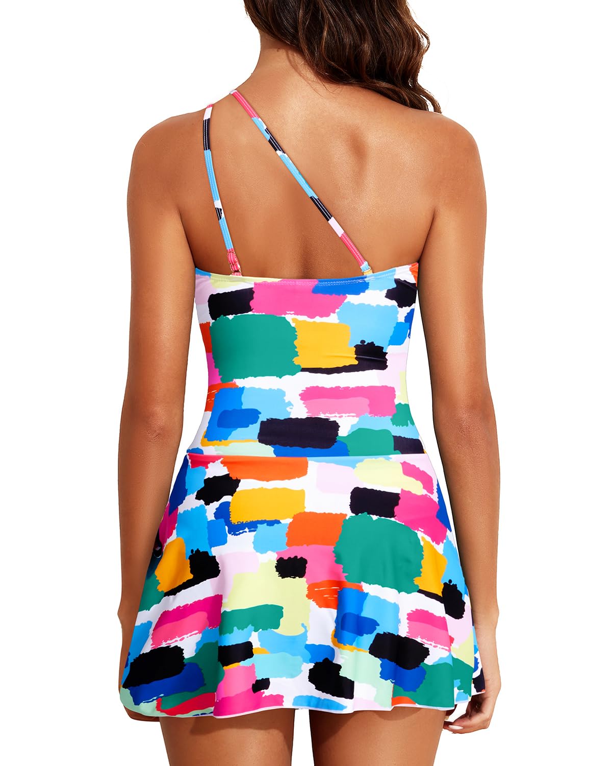 Women's One Piece Swim Dress One Shoulder Swimsuit with Skirt Tummy