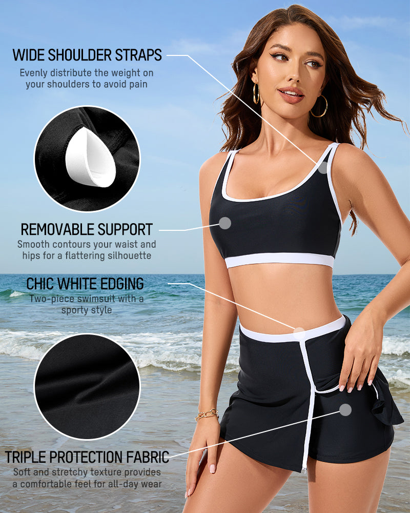 Women's Sporty Color Block Side Slit Skirted Bikini Set