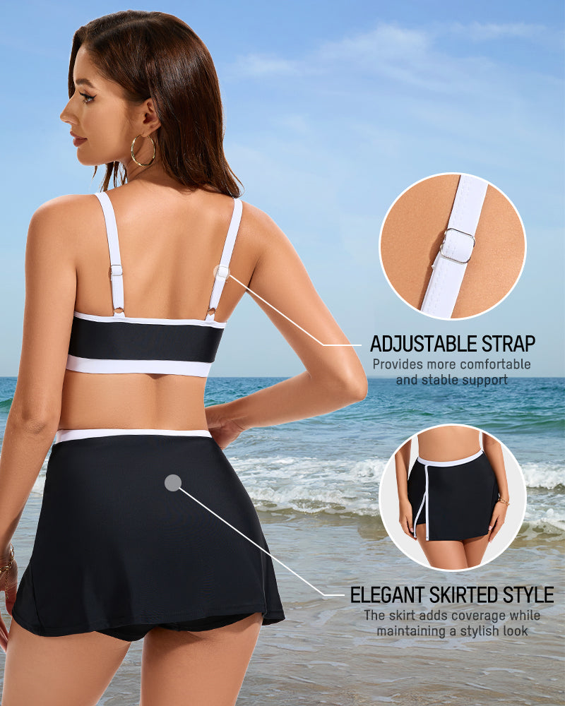 Women's Sporty Color Block Side Slit Skirted Bikini Set