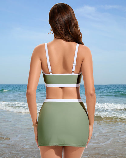 Women's Sporty Color Block Side Slit Skirted Bikini Set