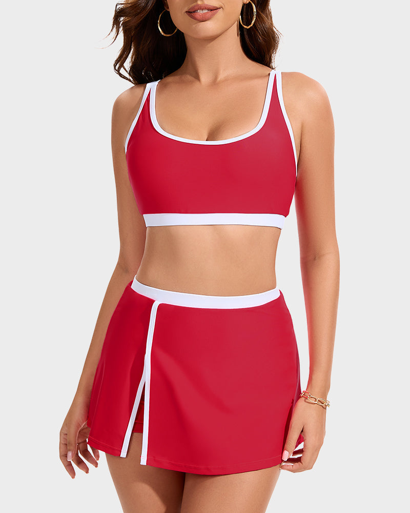 Women's Sporty Color Block Side Slit Skirted Bikini Set