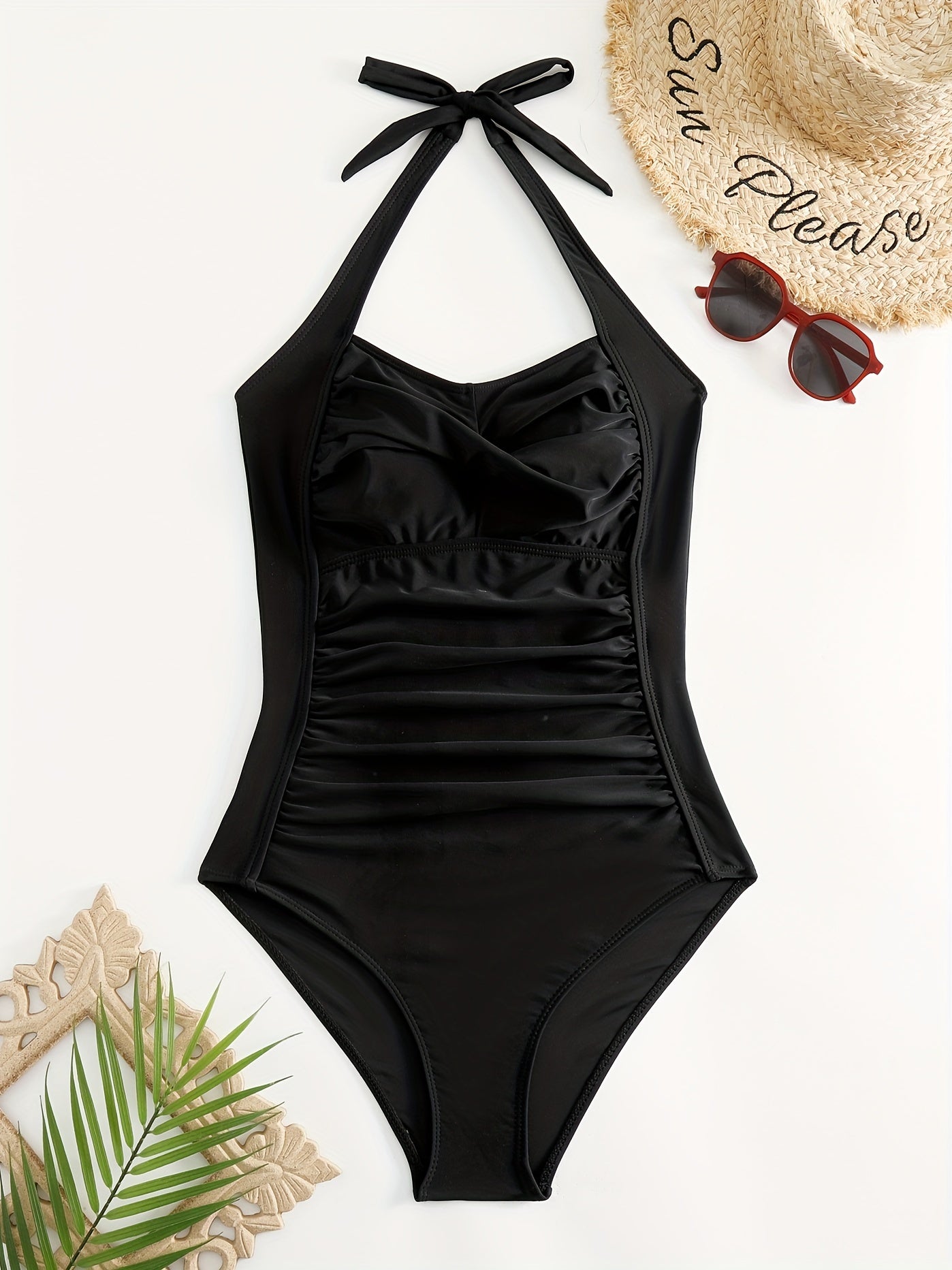 Women's Ruched Halter Backless One Piece Swimsuit, Black Tie Neck