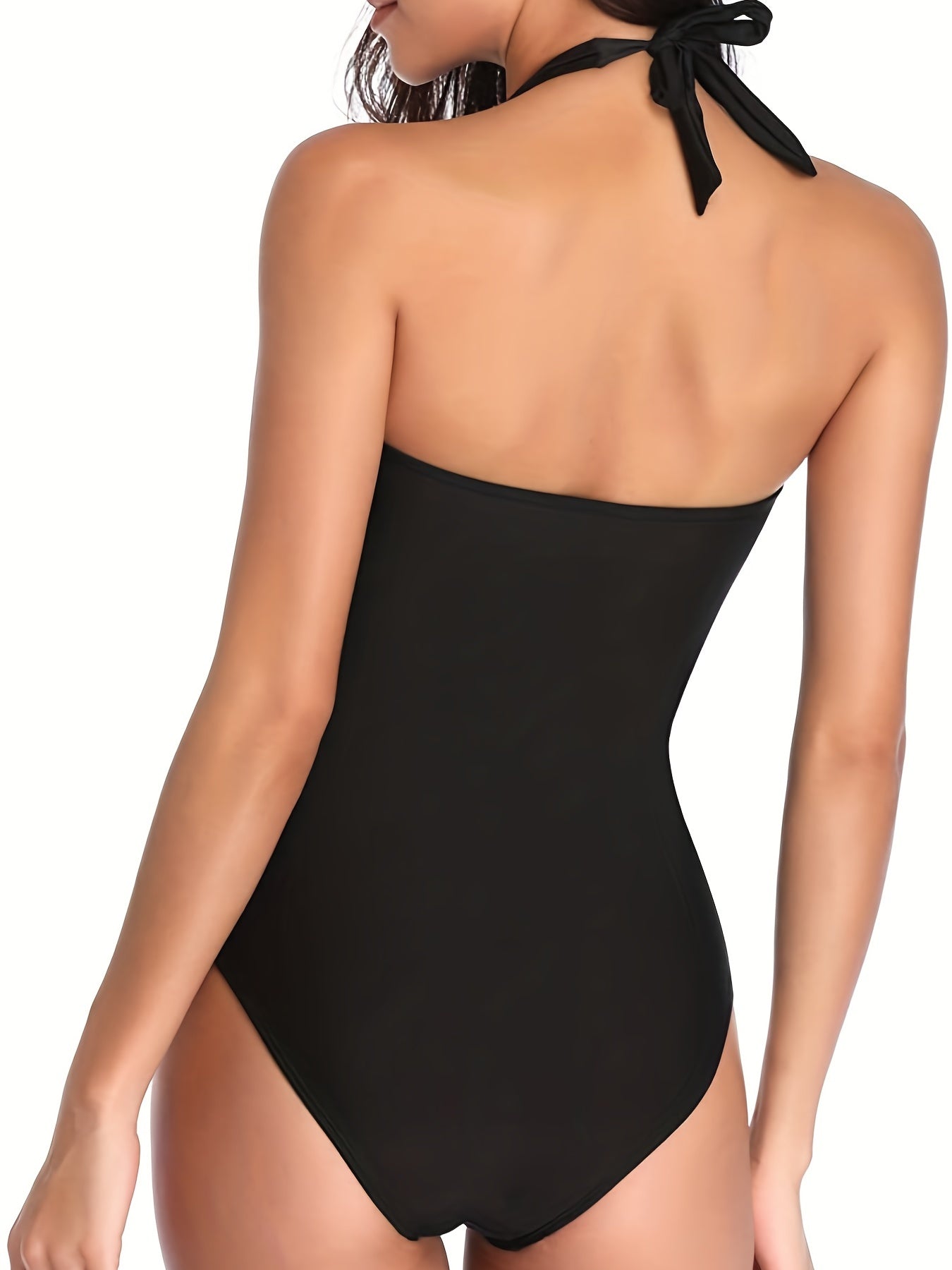 Women's Ruched Halter Backless One Piece Swimsuit, Black Tie Neck