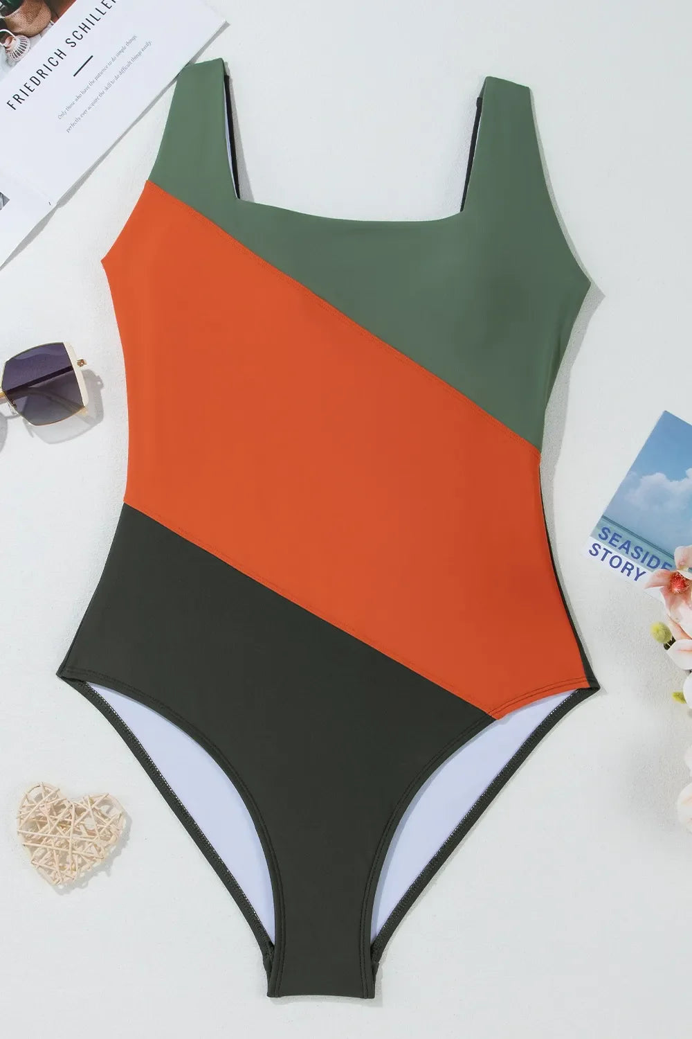 Women's Color Block Padded Square Neck One Piece Swimsuit Tummy Tummy