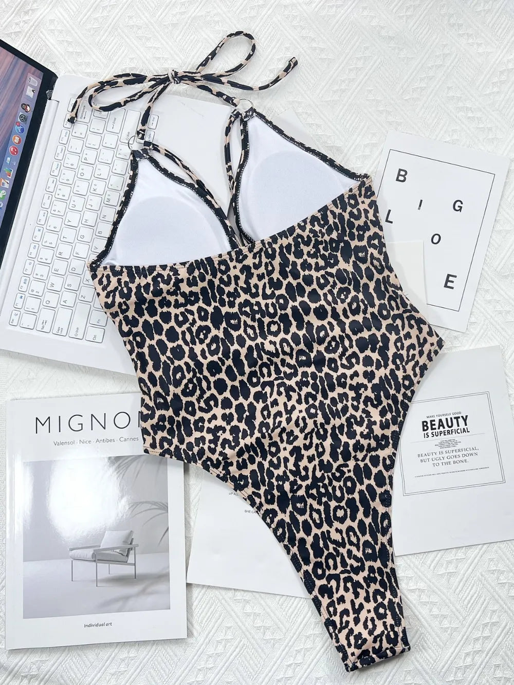 Women's Leopard Cutout Halter Neck One-Piece Swimwear Tummy Control